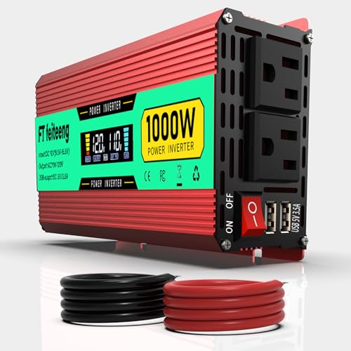 Image of 1000 Watt Power Inverter, Car Inverter 12V to 120V with 2 AC Outlets, 2 USB Ports, Cooling Fan, Cables and LED Screen for Vehicles, Home Use and Outdoor Camping