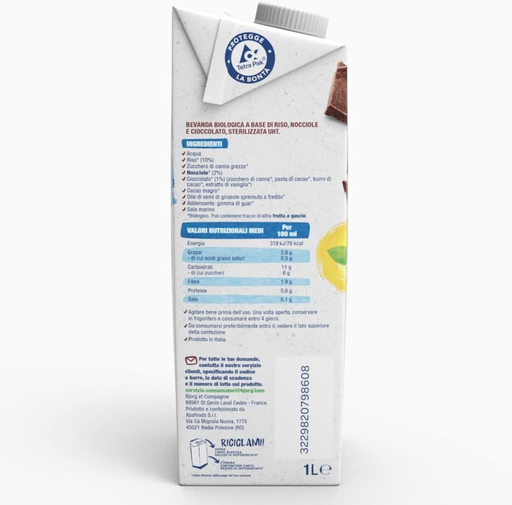 BJORG Bevanda di Riso al Cioccolato e Nocciole, Bevanda Vegetale a Basso Contenuto di Grassi, Ideale per Ricette Dolci, Senza Glutine, Gusto Goloso, Vegan, Prodotto in Italia, 12 x 1L