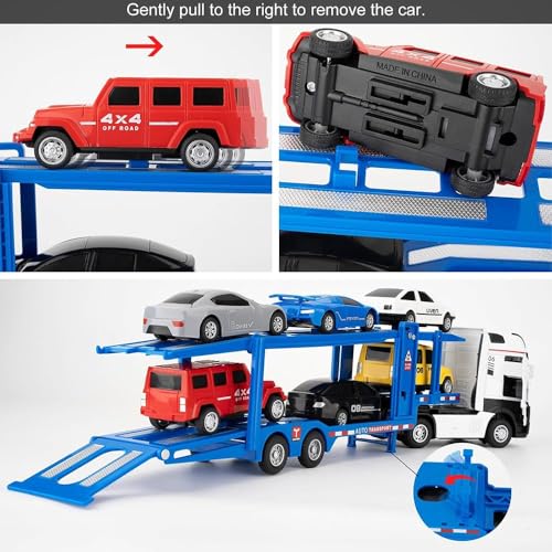 Image of 7-in-1 Die-Cast Carrier Truck Toy | Transporter Trailer with Lights, Sound & Pull-Back Action for Kids