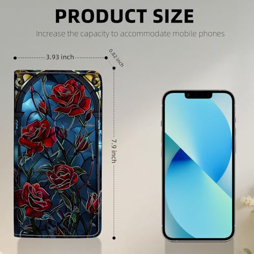 Womens Wallet, RFID Blocking Credit Card Wallets, PU Leather Card Holder Organizer Multiple Card Slots with Zipper Coin Pocket and Wristlet Ladies Girls,Red Roses on Glass2