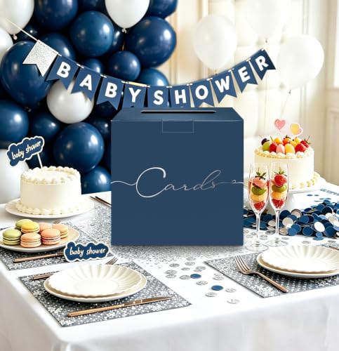 Image of HEIPINIUYE Navy Blue Wedding Card Box with Silver Foil 9.8 inch x 9.8 inch Navy Large Gift Card Box for Party Wedding Reception Graduation Birthday Baby Shower Cardboard Raffle Envelope Box with Slot