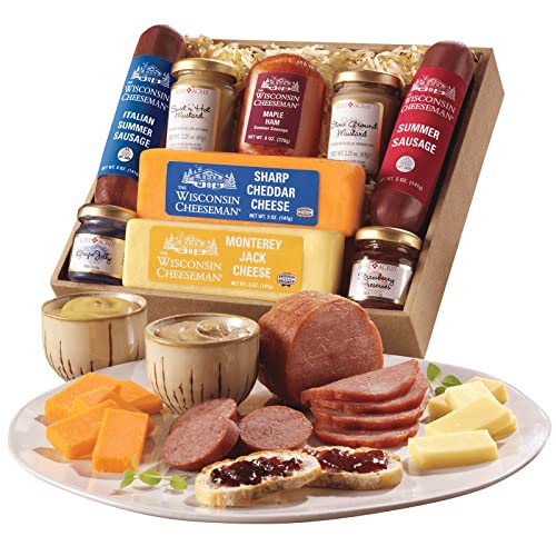 The Wisconsin Cheeseman Hostess Delight - Variety of Maple Ham, Italian, and Original Summer Sausages, Sharp Cheddar and Monterey Jack Cheeses, Charcuterie Board Snack Treat