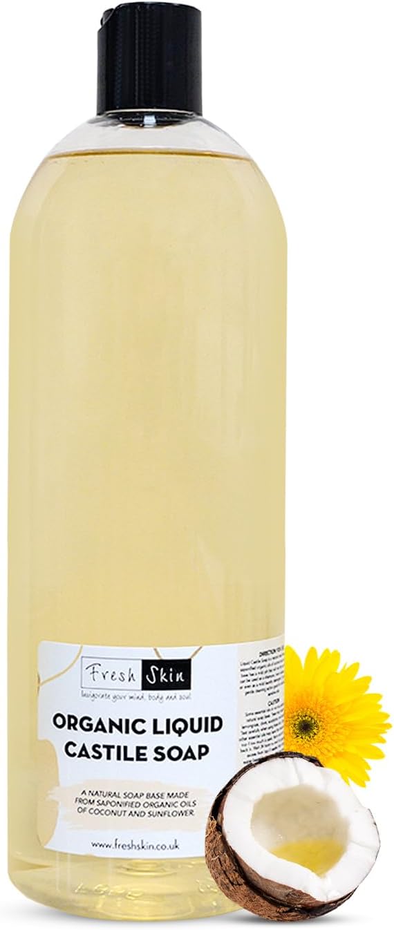 1 Litre Organic Liquid Castile Soap (1000ml) - All-Natural Unscented Liquid Soap - Pure SLS SLES Free - Vegan Friendly - 100% Organic