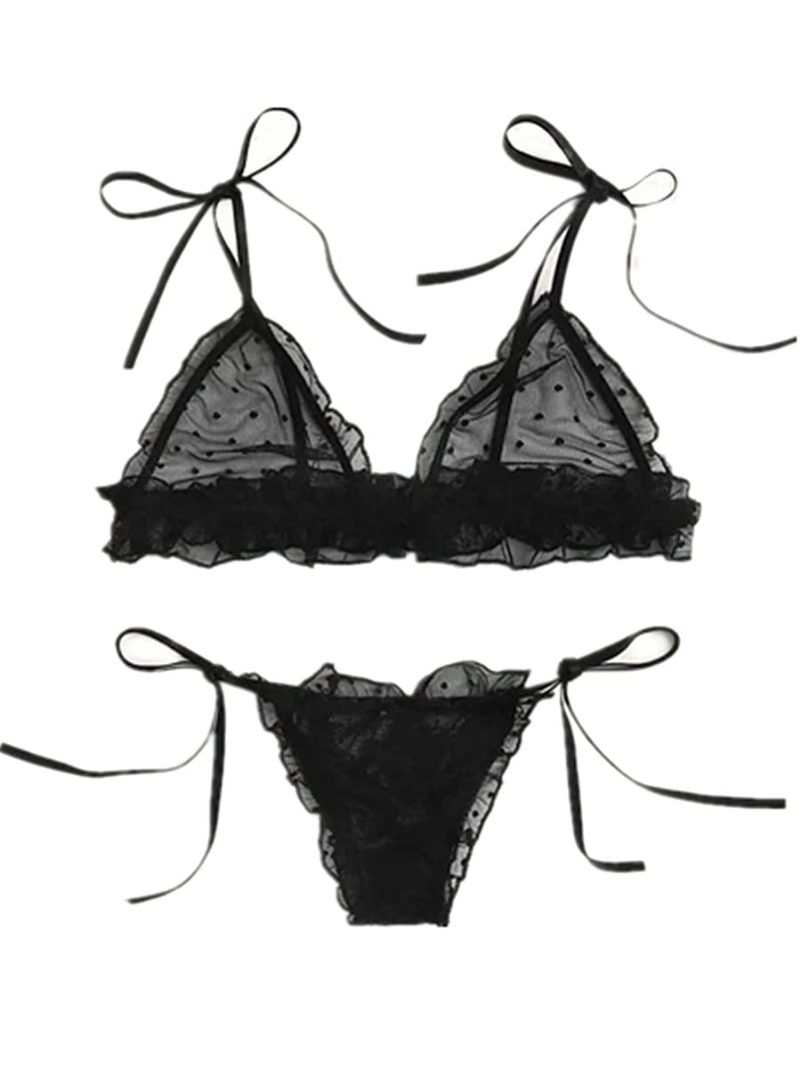 QHQQXN Conjunto de lencería, Lindo Conjunto de Sujetador y Bragas Transparentes, Ropa Interior de Peluche con Tiras y Lazo Ajustable, Camisones de Dormir traviesos para Regalo de San Valentín