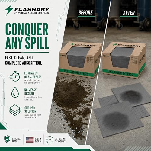 Image of FLASHDRY Universal Spill Absorbent Pads, 100-Count Dispenser Box, 17.5 inch x 13.5 inch, Absorbs Oil, Grease, Coolant & Solvents, for Garages, Warehouses, Factories & Industrial Facilities