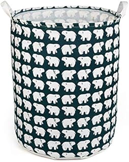 NEWSTYLE Large Laundry Basket,Waterproof Foldable Cotton Fabric Laundry Hamper Bucket Cylindric Burlap Canvas Storage Basket with Handles (Green Bear)