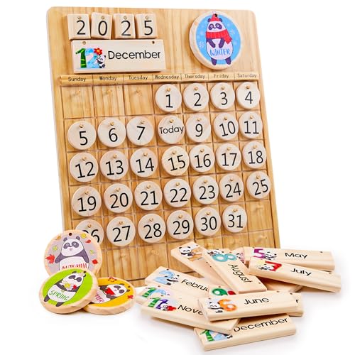Panda Brothers Wooden Perpetual Calendar - Montessori Toy for Kids Learning Seasons Months and Days of The Year Preschool Calendar for Kids Learning at Home and Classroom Teaching on Desk and Wall