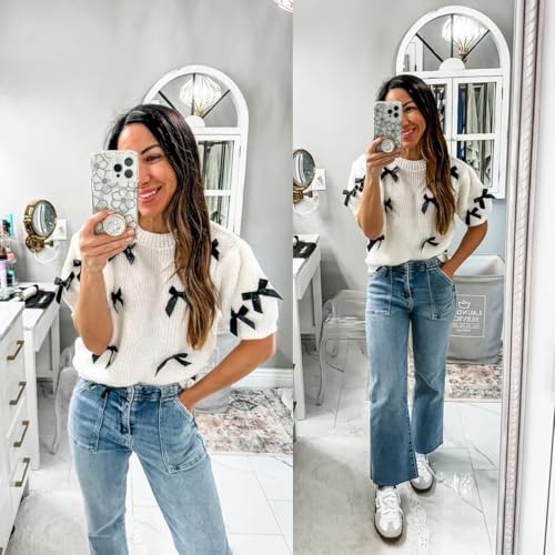 Women's Sweaters Knitted Crewneck Puff Bubble Short Sleeve Pullover Tops Casual Bow T Shirts Chic Blouses3