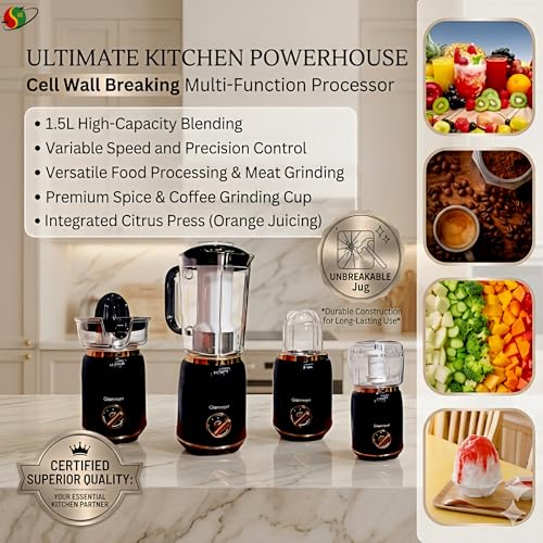 Image of 4-in-1 Multi-Function Blender | 1200W Power,1.5L Large Capacity | Ice Crusher Mixer Grinder Juicer, Bullet Food Processor | Meat Chopper Citrus Extractor | Heavy Duty Kitchen Appliance