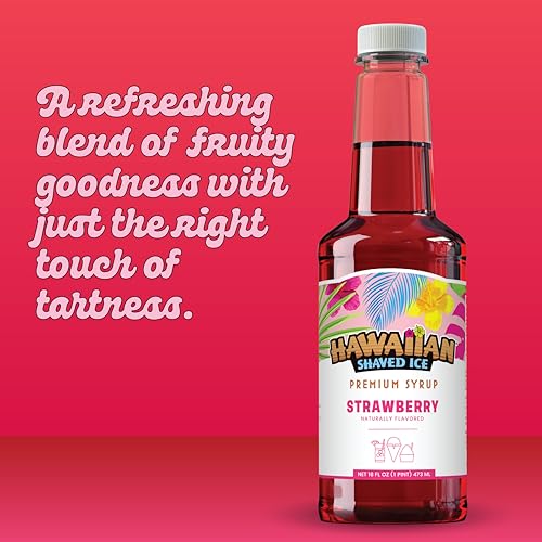 Hawaiian Shaved Ice Strawberry Syrup - Nut Soy Dairy Free - Flavor Fluffy & Crunchy Snow Cones - Shelf Stable - Makes 8 Servings - 16 ounces