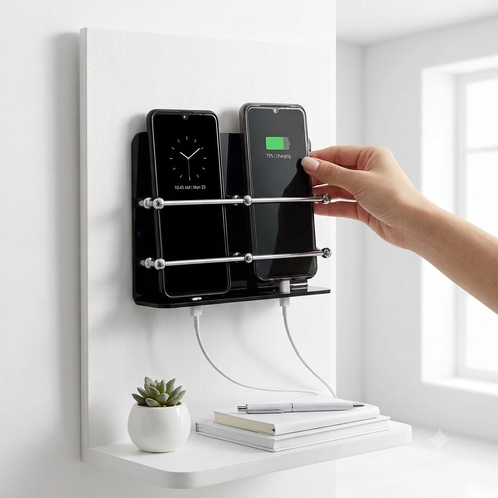 Acrylic Black 2 Mobile Phone Stand for Wall | Multi-Purpose Wall Mount Mobile Holder | AC TV Remote Stand | Phone Charging Wall Stand | Strong Adhesive | Space Saving Organizer | Made in India