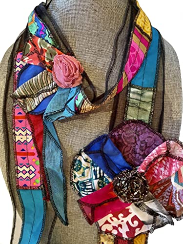 Women’s Handmade Oblong Scarf made from Tulle and Recycled Assorted Colorful Fabrics with Flower Accent2