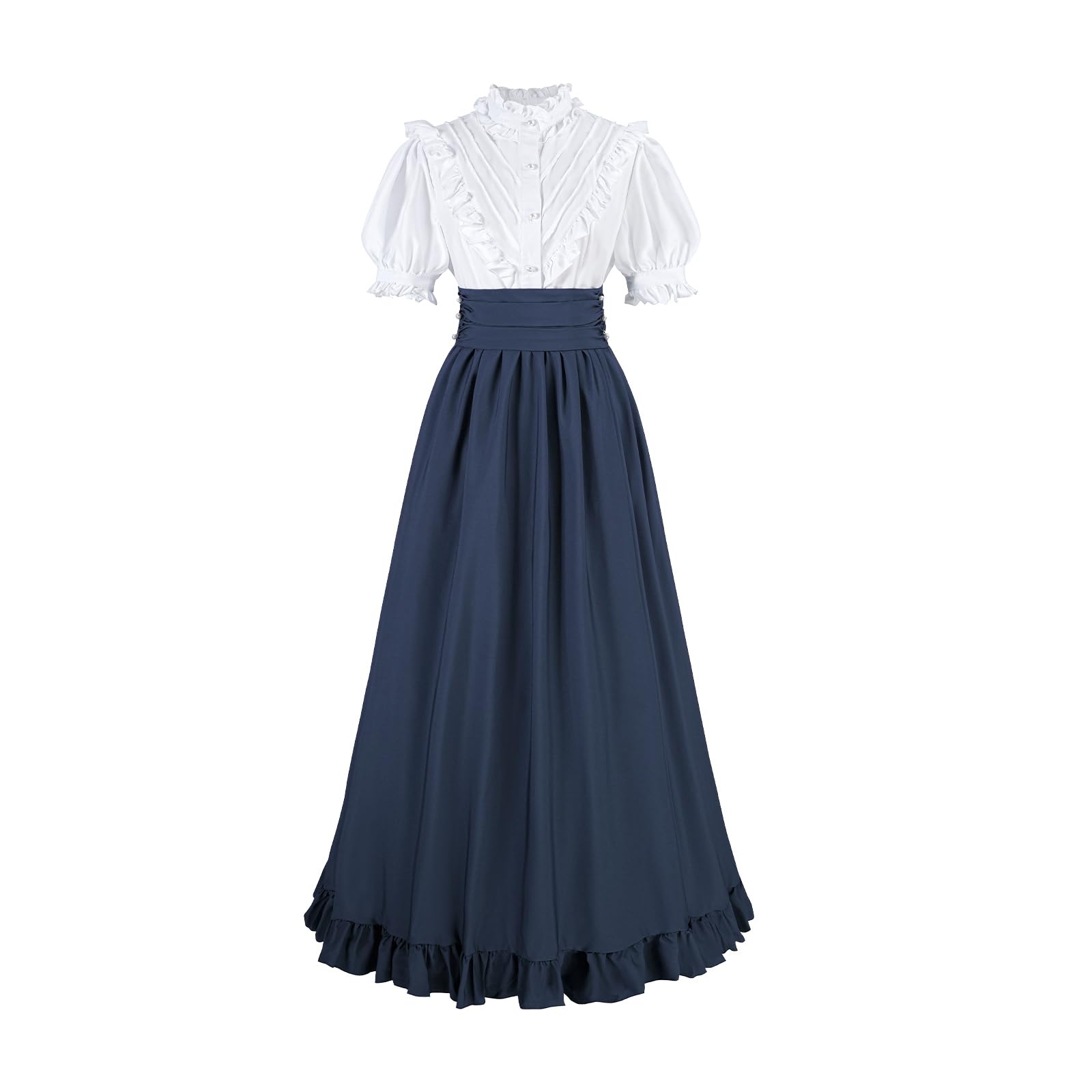 CR ROLECOS Women Victorian Dress Medieval Vintage Costume Ball Gown Dress Short Sleeves Victorian Blouse Renaissance Falda 2-Pieces Set S Navy Blue