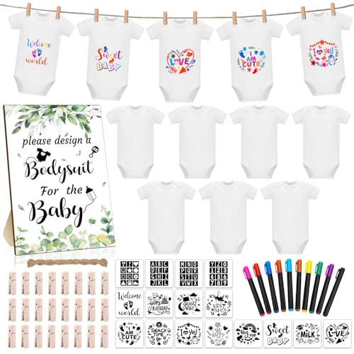 Silicherry 64 Pcs Baby Shower Games Bodysuit Design Games Include 1 Game Wooden Sign 12 Newborn Bodysuit 10 Fabric Markers 24 Clothespins 16 Stencils 1 Rope for Baby Shower Gender Reveal (Greenery)