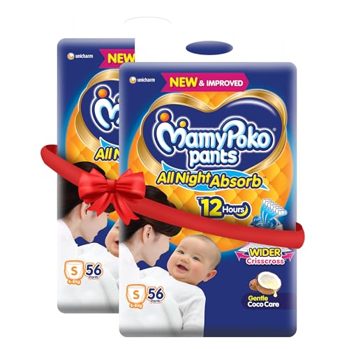 Image of Mamypoko pants All night absorb| Pant Style Baby Diapers Small Size(S), 112 Count, Ideal for upto 5Kgs|1 Diaper= Upto All night Absorption|Wider Crisscross Sheet|Gentle Coco Care| 12hr Leakage Protection| Prevents Heaviness (Pack of 2)