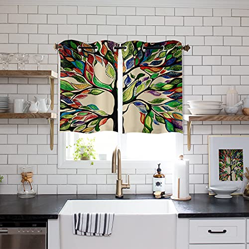 Window Treatment Sheer Curtains Colorful Leaves Life Tree,2 Panels Kitchen Tier Grommet Draperies & Curtains 39 Inch Length For Living Room/Bedroom/Patio/Sliding Glass Door #TOP1