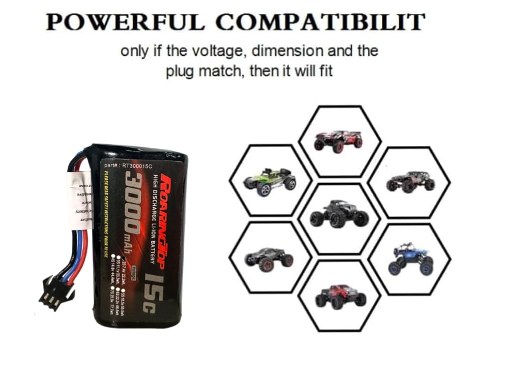 RoaringTop - Batería de Li-ION 7,4 V, 3000 mAh, 2S, batería recargable con SM-3P Plug para DE43 DE60 RC Racing RC coche batería 1575 camión volquete camión de ingeniería coche juguete