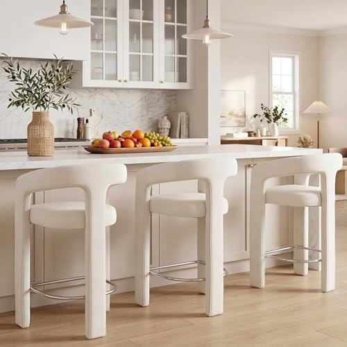 Image of HNY Modern Barrel Bar Stools Set of 3, 26 Inch Upholstered Velvet Counter Height Barstools with Open Back and Armrests, for Kitchen Island, Home Bar, Dining Room, No Assembly, Cream