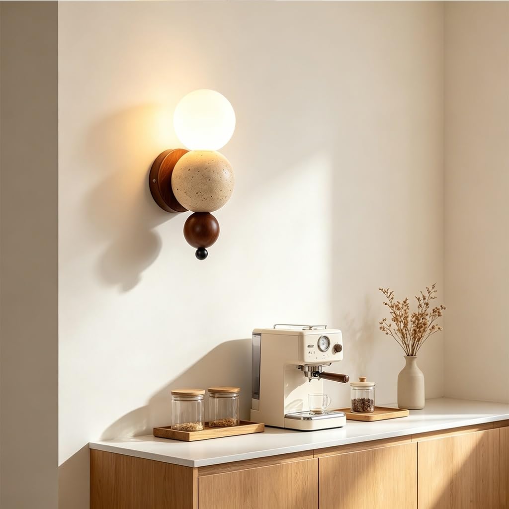 Żółta Kinkiet Trawertynu Kreatywna Lampa Ścienna Stylu Wabi-sabi Gniazdo G9 | Drewno Stylu Vintage, Okrągła Lampa Ścienna Wnętrz Sypialni Salonu Jadalni Przedpokoju Korytarza Dekoracyjna Wnętrz
