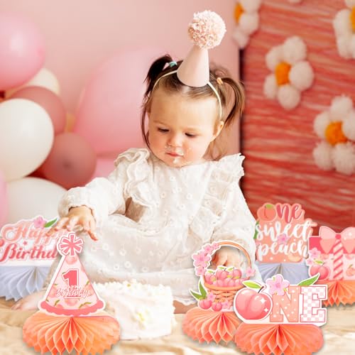 Image of 9pcs Peach One Birthday Honeycomb Centerpieces First Birthday Party Table Decorations Sweet ONE Peach Tabletop Centerpieces Baby Shower First Birthday Table Topper Sign Decorations