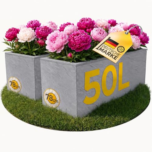 Ondis24 2X Pflanzkübel Vulkano, je 50L Pflanzvolumen, rechteckig, Blumenkasten mit Wasserspeicher, Balkon Terrasse, Blumenkübel, Doppelpack (Hellgrau)
