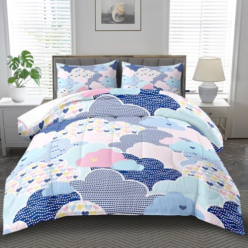 llyxsesty Cloud Comforter Set Twin,Kawaii Colorful Comforter for Boys Girls,Blue Cloud Bedding Set Twin,Cute Love Heart Colorful Bedding,Rainbow Bedroom Decor for Girls,Kawaii Love Heart Spot Quilt