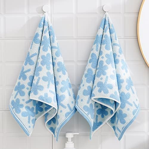 sense gnosis Blue Hand Towels Set of 2 Clovers Pattern 100% Cotton Absorbent Soft Thin Hand Towels for Bathroom 13 x 29 Inch