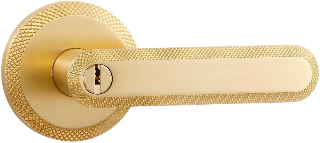 Gold Door Lever with Lock and Key Entry Satin Brass Door Handle Brushed Gold Door Lever Bedroom and Bathroom Zinc Alloy