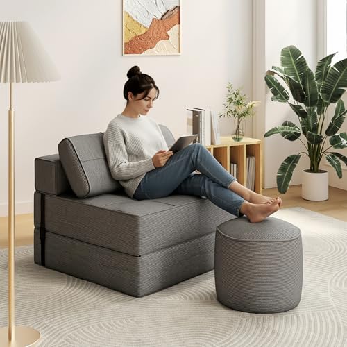 XVD Folding Sofa Bed with Ottoman 3-in-1 Convertible Floor Sleeper Chair w/28D High-Density Foam Modern Corduroy Fold Out Couch Bed with Pillow for Small Spaces Dorm Guest Room Gray