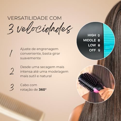 Escova Secadora e Modeladora 2 em 1 – Alisa, Seca e Modela Cabelo, 3 Níveis de Temperatura e Velocid