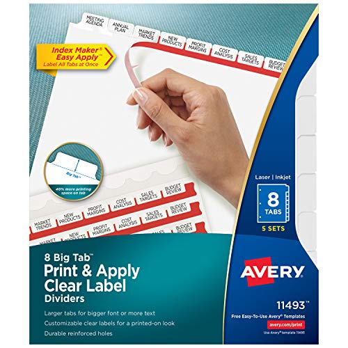 Avery 8 Big Tab Binder Dividers, Easy Print & Apply Clear Label Strip, Index Maker, White Tabs, 5 Sets (11493)