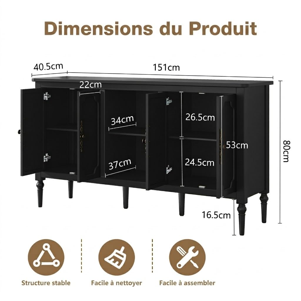 HOLTICO Meuble Buffet Vintage en Bois avec 4 Portes et Étagères Ouvertes, Meuble de Rangement Salon et Cuisine, Console pour Entrée, 151 x 40,5 x 80 cm, Noir