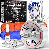 MAGFISHION Magnetfischen Mega Set - 700 KG (2 x 350KG) - Ø94mm - Neodym Magnet mit 2 Seilen, Greifhaken & Handschuhe - Magnet Fischen Angel - Ösenmagnet - Fishing Magnetangel - Magnetangeln Set