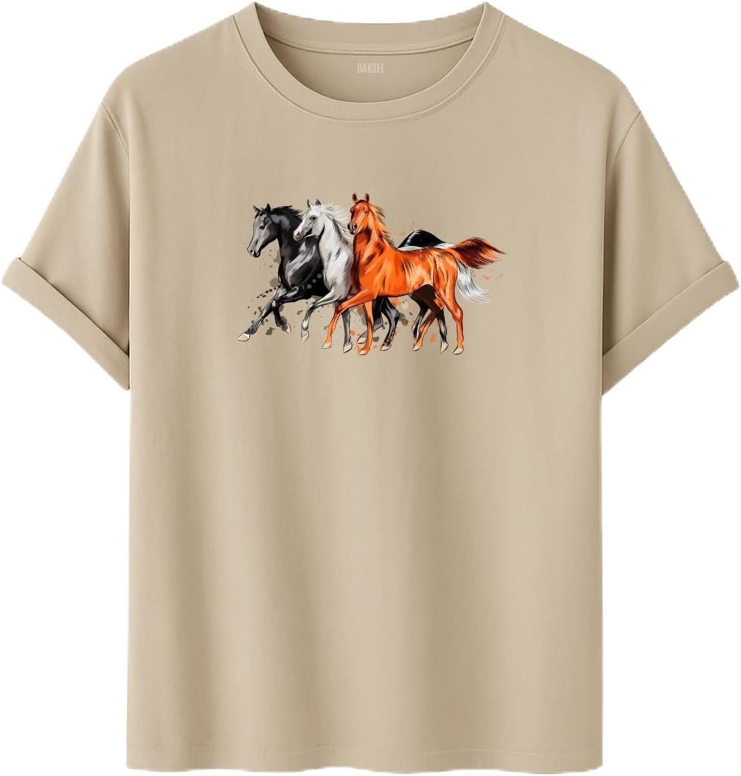 Unisex At Bask l  T-Shirt,%100 Pamuk, Rahat Kesim, K sa Kollu, Yuvarlak Yaka, G nl k Kullan m