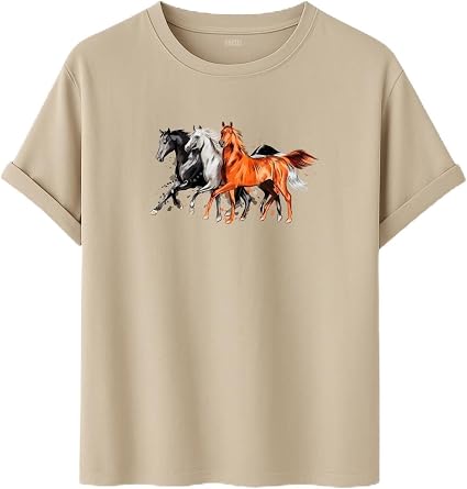 Unisex At Bask l  T-Shirt,%100 Pamuk, Rahat Kesim, K sa Kollu, Yuvarlak Yaka, G nl k Kullan m