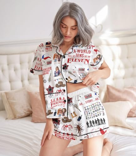 Image of Women 2 Pcs Short Satin Pajama Set Printed Silky Soft Loungewear | Luxurious silk-feel satin; comfortable relaxed fit for sleep & lounge; elastic waistband shorts; gift, easy care