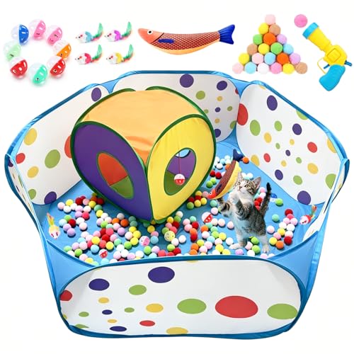 WZWXXQ Ball Pit and Tunnel Tent for Cats with 200 Pompom Balls 1 Ball Launcher 8 Bell Balls 4 Colorful Mice and 1 Saury Fish Foldable Indoor & Outdoor Cat Activity Center for Interactive Play