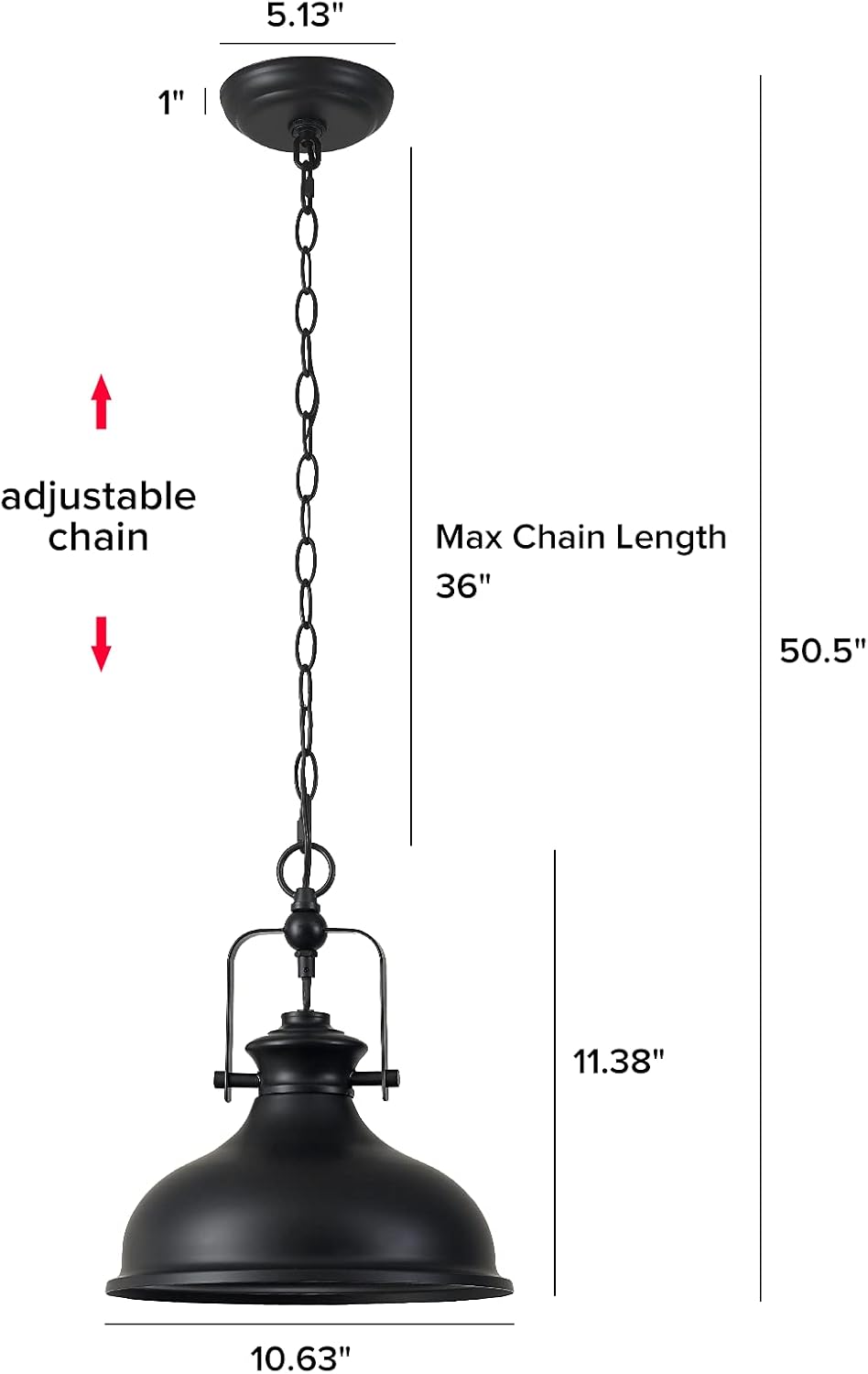 GZBtech Industrial Dome Pendant Light, Metal Chain Adjustable Farmhouse Hanging Light, 50.5 Inches Vintage Rustic Lighting Fixture with Polished Black Finish for Kitchen Dinning Room Barn, UL Listed