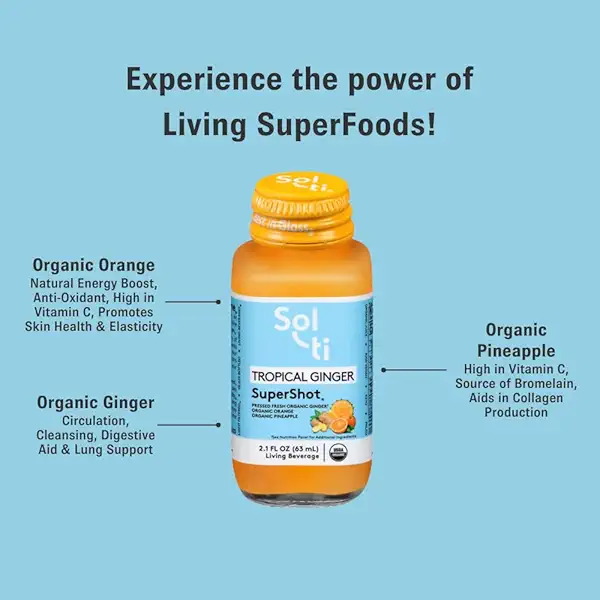 Sol-ti Organic Tropical Ginger SuperShot Drink, Aids in Collagen Production and Promotes Skin Elasticity, SuperFood, Cold-Pressed Fruit Juice Blend, 12 Pack (2.1 Fl oz) 3
