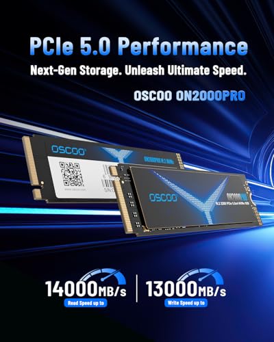 OSCOO 2TB PCIe Gen5.0x4 M.2 SSD、最大14,000MB/s、3D TLC NAND＆DRAMキャッシュ搭載 M.2 NVMe SSD、プロフェッショナル、ゲーマー、AIコンピューティング対応、PC／ノートPC、PS5、ハイエンドワークステーション向け