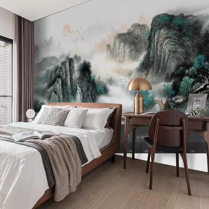Papier peint chinois avec peinture 3D paysage de montagne et eau en 250x175