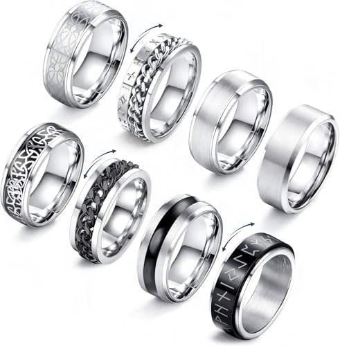 JeryWe 8 Pcs Stainless Steel Rings for Men High Polished Mens Band Wedding Engagement Fidget Rings Vintage Spinning Ring Size 7-13
