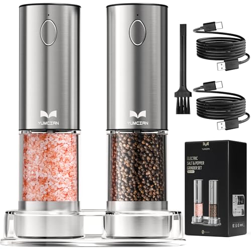 Comparison: Best Electric Salt And Pepper Shaker 9 Electric Salt and Pepper Grinder Set Rechargeable, Yumcian Automatic Shakers Set with Adjustable Coarseness and LED Light, Stainless Steel Mill Set, Upgraded Larger Capacity