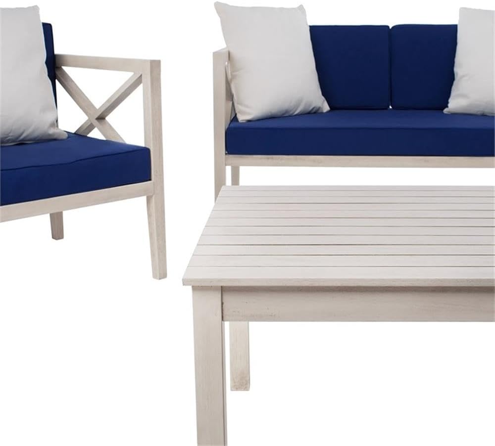 Pemberly Row Contemporary 4 Piece Patio Sofa Set, White and Navy Finish, Outdoor Furniture with Cushioned Seating, Modern Design, Weather-Resistant Materials, Suitable for Backyard or Patio Use