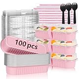 YQER 100 Pack Mini Loaf Pans with Lids and Spoons Sealing Sticker, 6.8oz Mini Cake Pans for Baking, Disposable Aluminum Foil Loaf Pans, Pink Loaf Baking Pans, Small Cake Containers With Lids