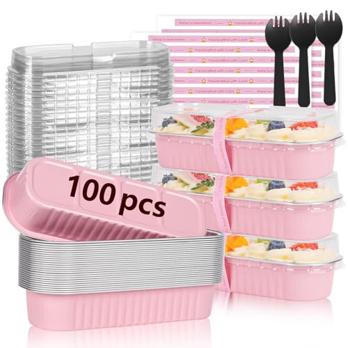 YQER 100 Pack Mini Loaf Pans with Lids and Spoons, 6.8oz Disposable Aluminum Foil Mini Cake Pans and Baking Tins with Sealing Stickers, Pink Dessert Containers for Parties and Gifts by YQER - Used condition - US$18.97
