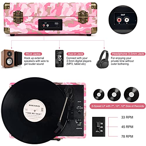 Image of Vinyl Record Player 3-Speed Bluetooth Portable Suitcase Belt-Driven Record Player with Built-in Speakers RCA Line Out AUX in Headphone Jack Vintage Turntable Pink