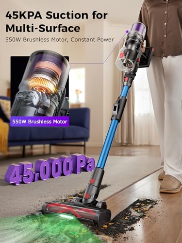 Proscenic Cordless Vacuum Cleaner, 45Kpa 55Mins Runtime, 180°Bendable Wand, Vacuum Cleaners for Home with Green Light, Anti-Tangle Brush, Rechargeable Lightweight Stick Vacuum for Pet Hair, P16(Blue)