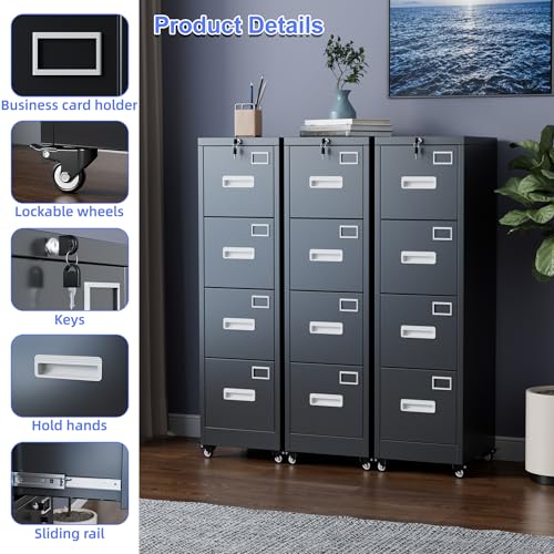 Image of Aobabo 4 Drawer Metal File Cabinet with Lock and Wheels,Black | 15.7 inchD x 17.7 inchW x 53.2 inchH metal filing cabinet for letter /legal files and small office storage.
