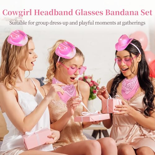 3 Sets Mini Cowboy Hats, Cowboy Hat Headbands Heart Glasses and Bandana Costume Kit, Glitter Western Cowboy Headpiece for Women Men, Pink Cowgirl Party Accessories for Birthday Bachelorette2
